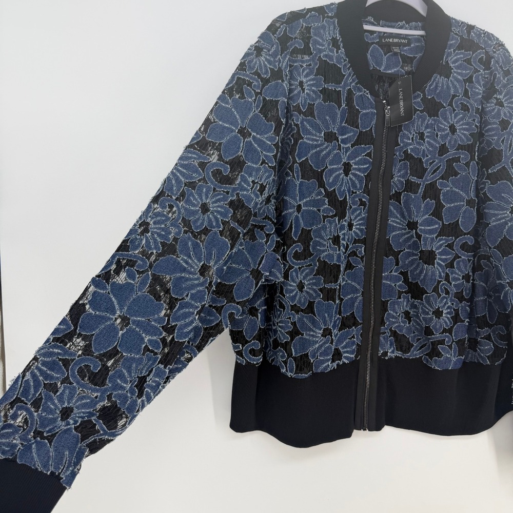 Lane Bryant Bomber Jacket Women 26/28 Blue Floral Sheer Lace Denim Applique Boho - Picture 2 of 8